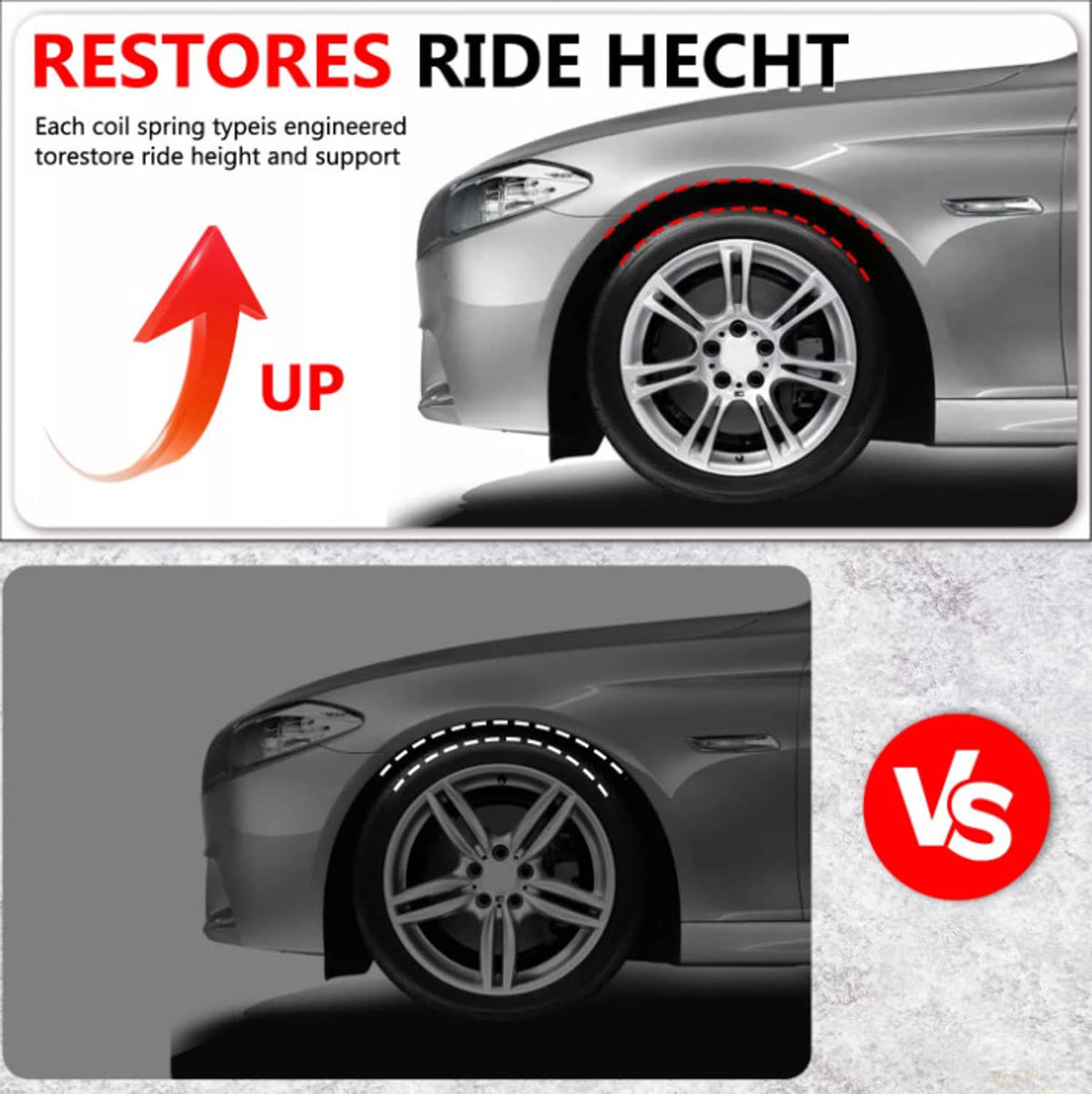 Front wheel area with suspension ride-height graphic and red arrows for shock restoration