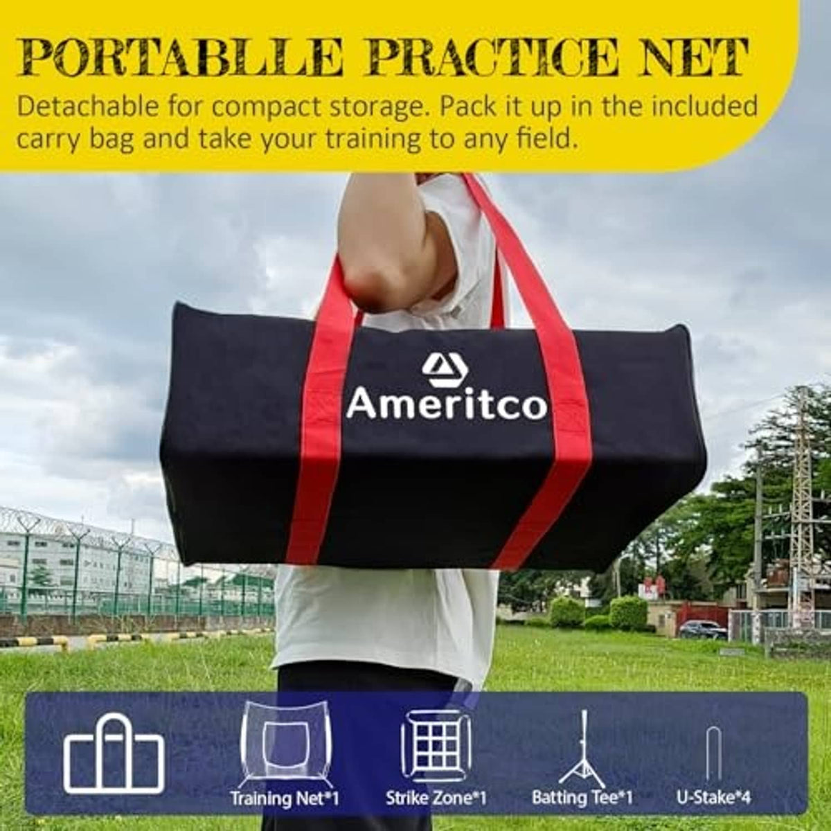 Portable baseball practice net with detachable carry bag for compact storage