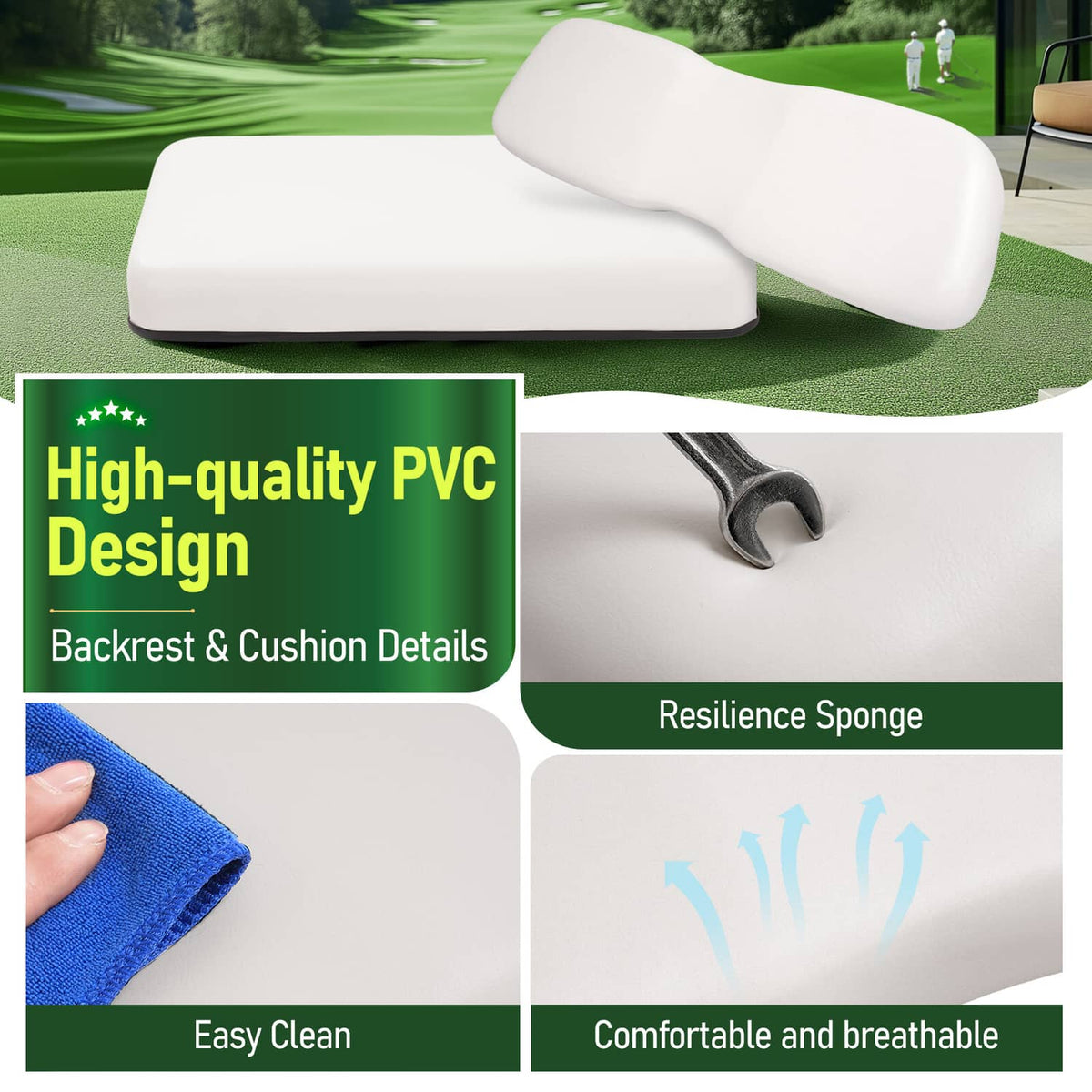 White seat backrest and cushion with stitched edge and textured PVC-style surface
