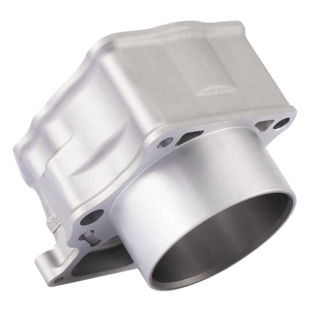 Aluminum cylinder block with large bore and bolt holes, angled view