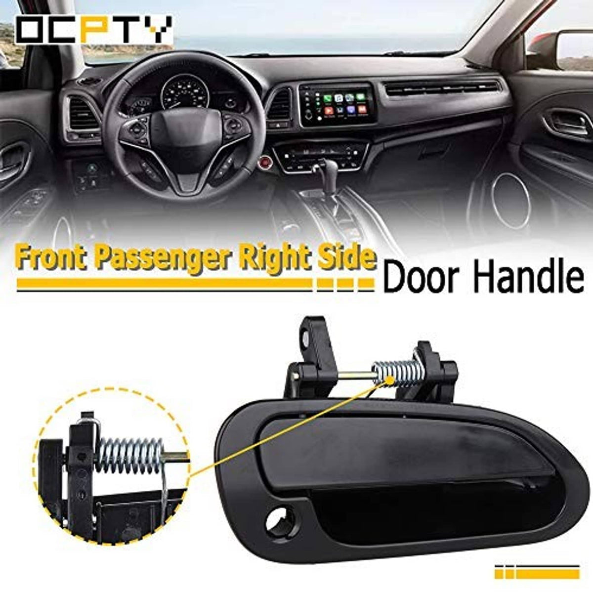 Black exterior door handle assembly with metal spring and mounting clips, front view