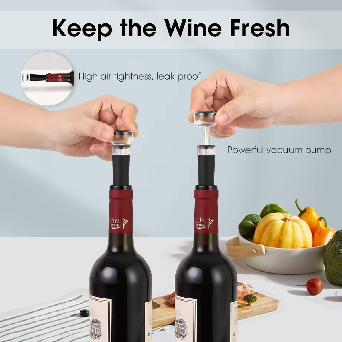 Vacuum wine stopper set with air-pump top and clear chamber stoppers
