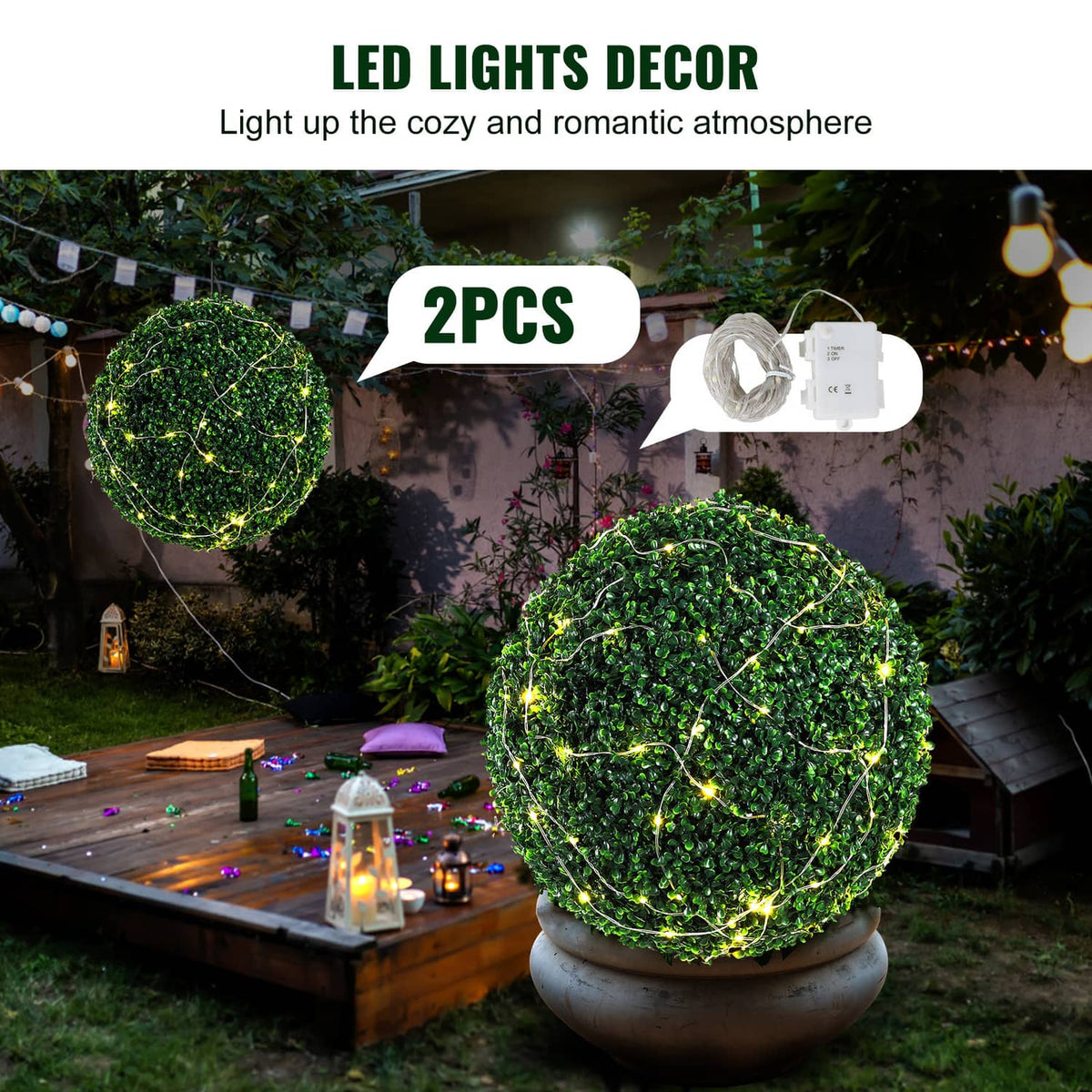 Green artificial topiary ball pair wrapped with LED string lights (2PCS)