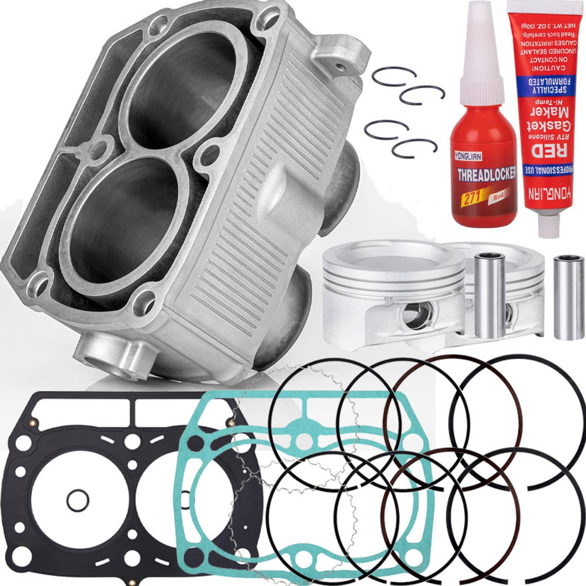 Cylinder block, piston rings, and gasket set kit with piston parts and seal components