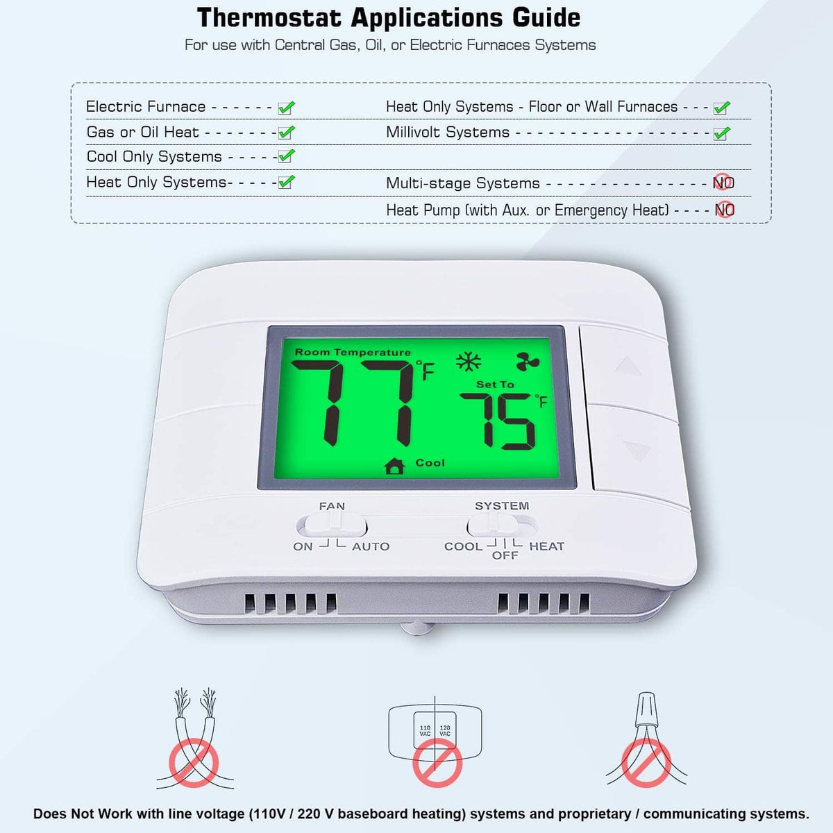 White thermostat with green backlit LCD showing room temperature and cool setting