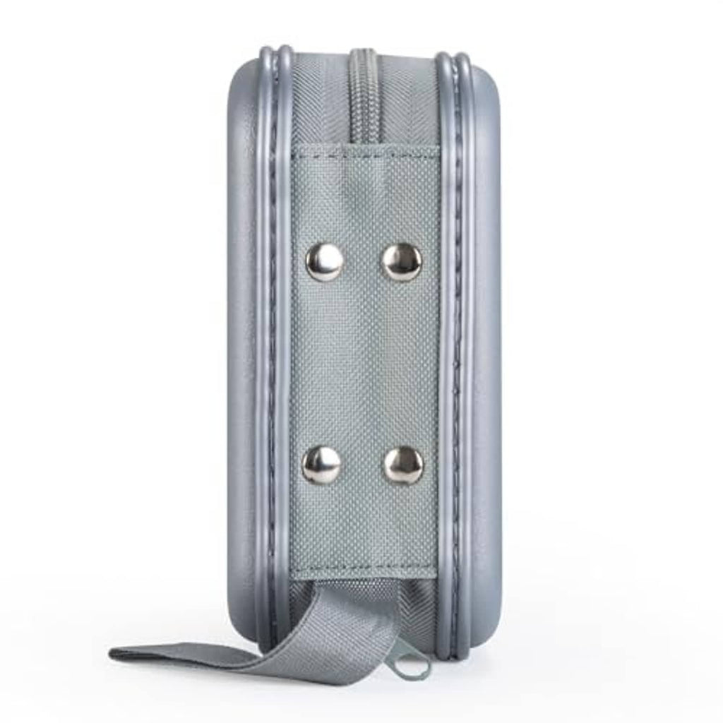 Gray hard plastic DVD case back with metal snap panel and attached carrying strap