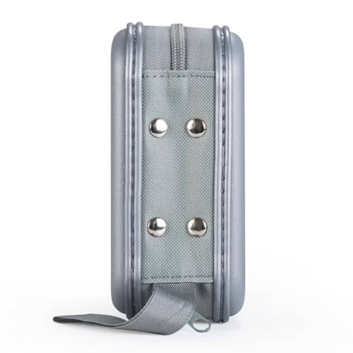Gray hard plastic DVD case back with metal snap panel and attached carrying strap
