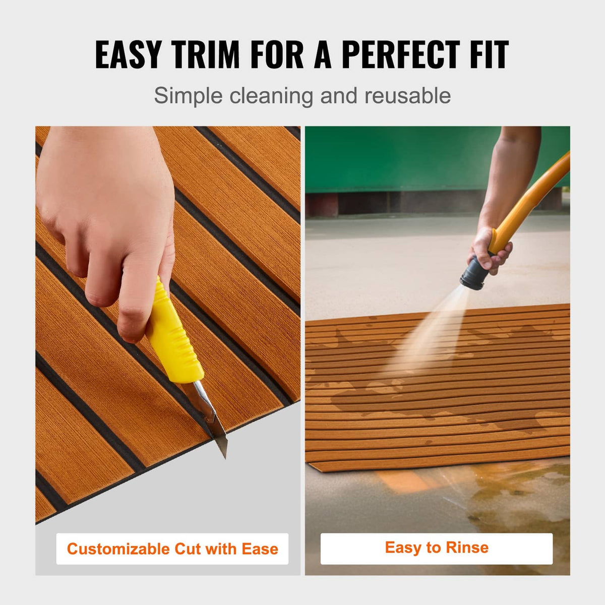 Orange-brown faux teak EVA foam deck mat, shows trimming and easy rinsing