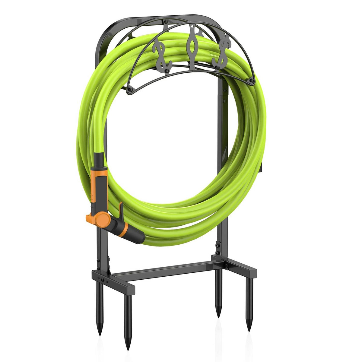 Freestanding garden hose holder with lime green hose and black metal stand, four hooks
