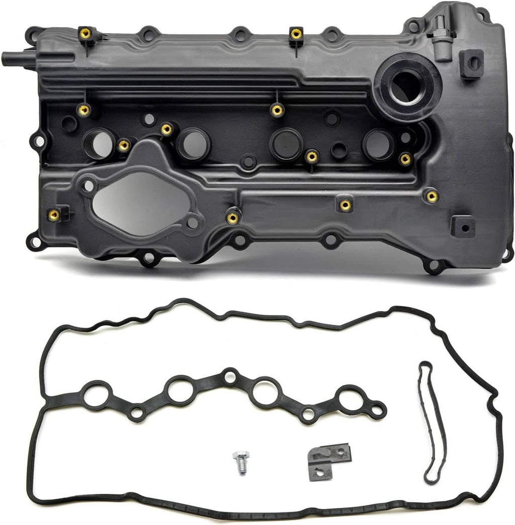 Black valve cover with gasket, engine-side housing with mounting holes and port opening