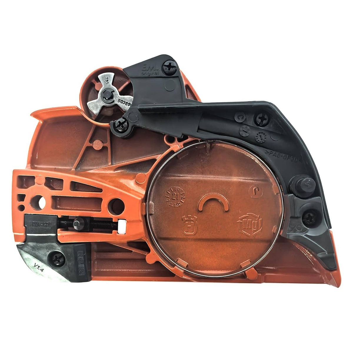Chainsaw clutch cover with brake, orange housing and black inner assembly