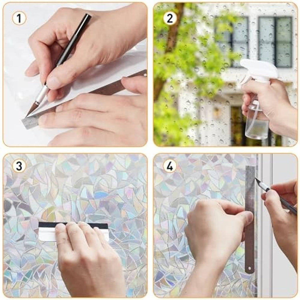 Window film installation steps graphic with hands applying film to glass
