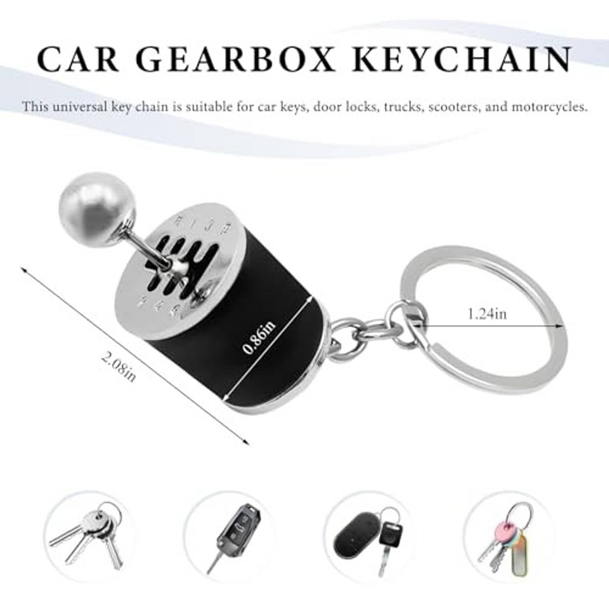 Six-speed auto gearbox keychain with black shift-lever design and metal keyring
