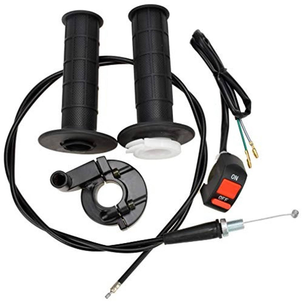 Black mini bike throttle cable handle kit with two grips, twist housing, and red ON/OFF rocker