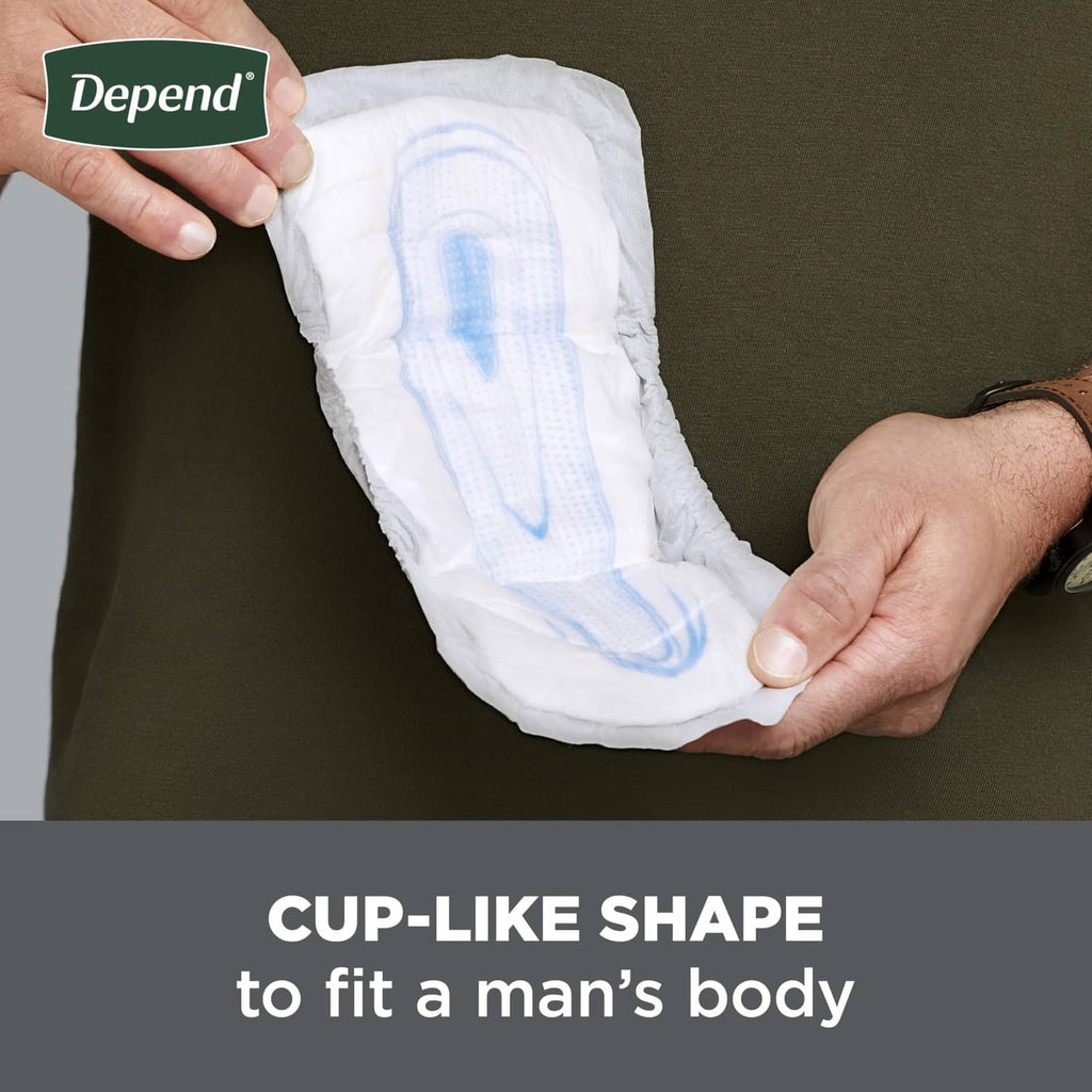 Men's bladder control guard held at the front, cup-like pad with blue absorption lines