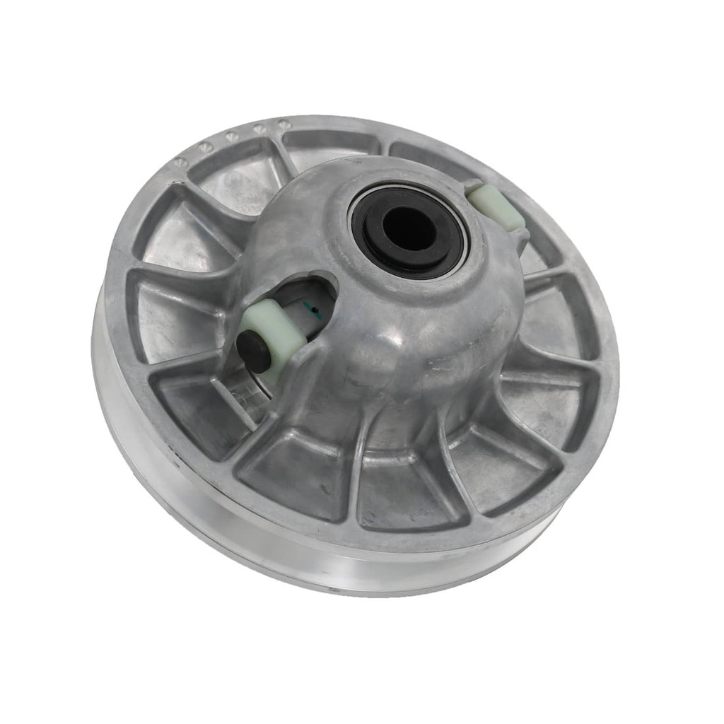 Secondary driven clutch sheave, silver metal with green damper and center black opening