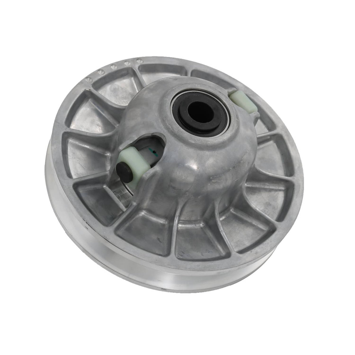 Secondary driven clutch sheave, silver metal with green damper and center black opening
