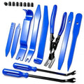 Car trim removal tool kit with 18 blue pry tools and black clip pliers