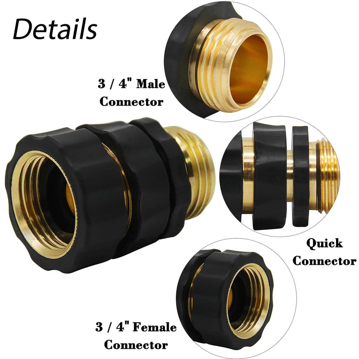 3/4 in garden hose connectors, close-up of black ringed brass inlet and outlet