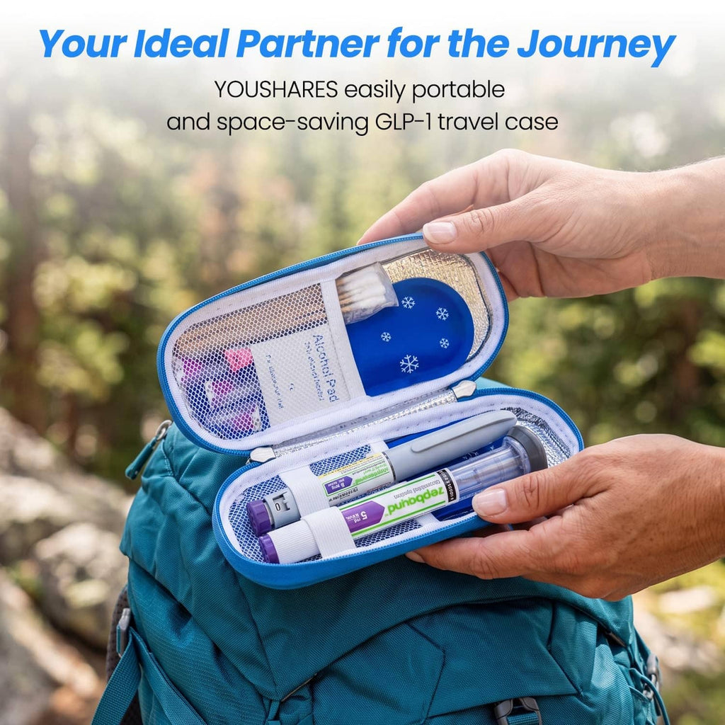 Blue insulated GLP-1 cooler case open with pens and ice pack inside, held in hands
