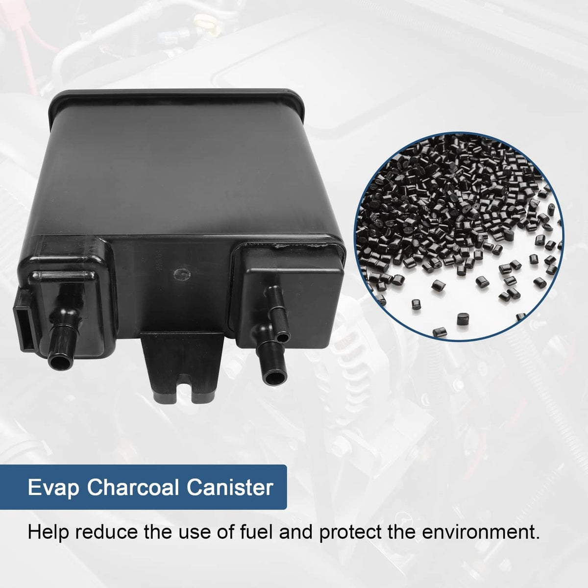 Black EVAP charcoal canister with side ports; inset shows charcoal pellets.