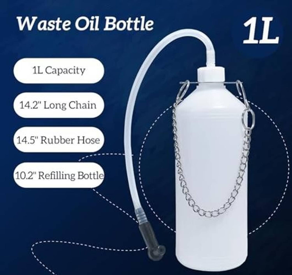 1L waste oil bottle for brake bleeding with long chain, rubber hose, and cap