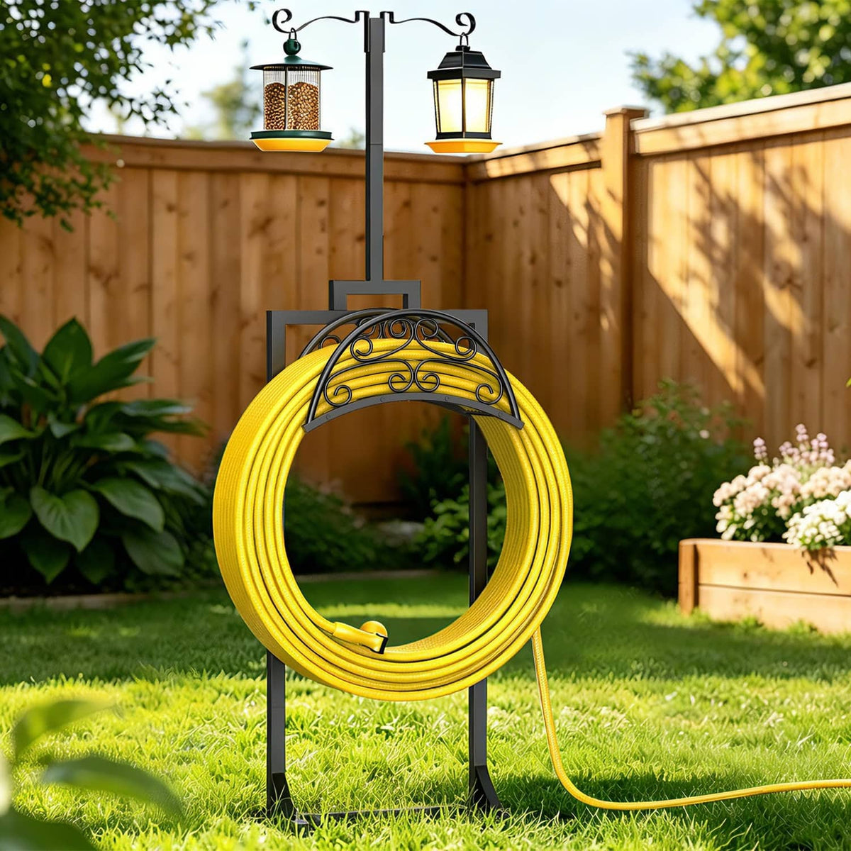 Black garden hose holder stand holding a yellow hose loop with decorative arch