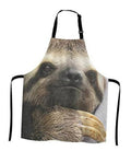 Sloth face print apron with black neck strap and side ties, full front bib