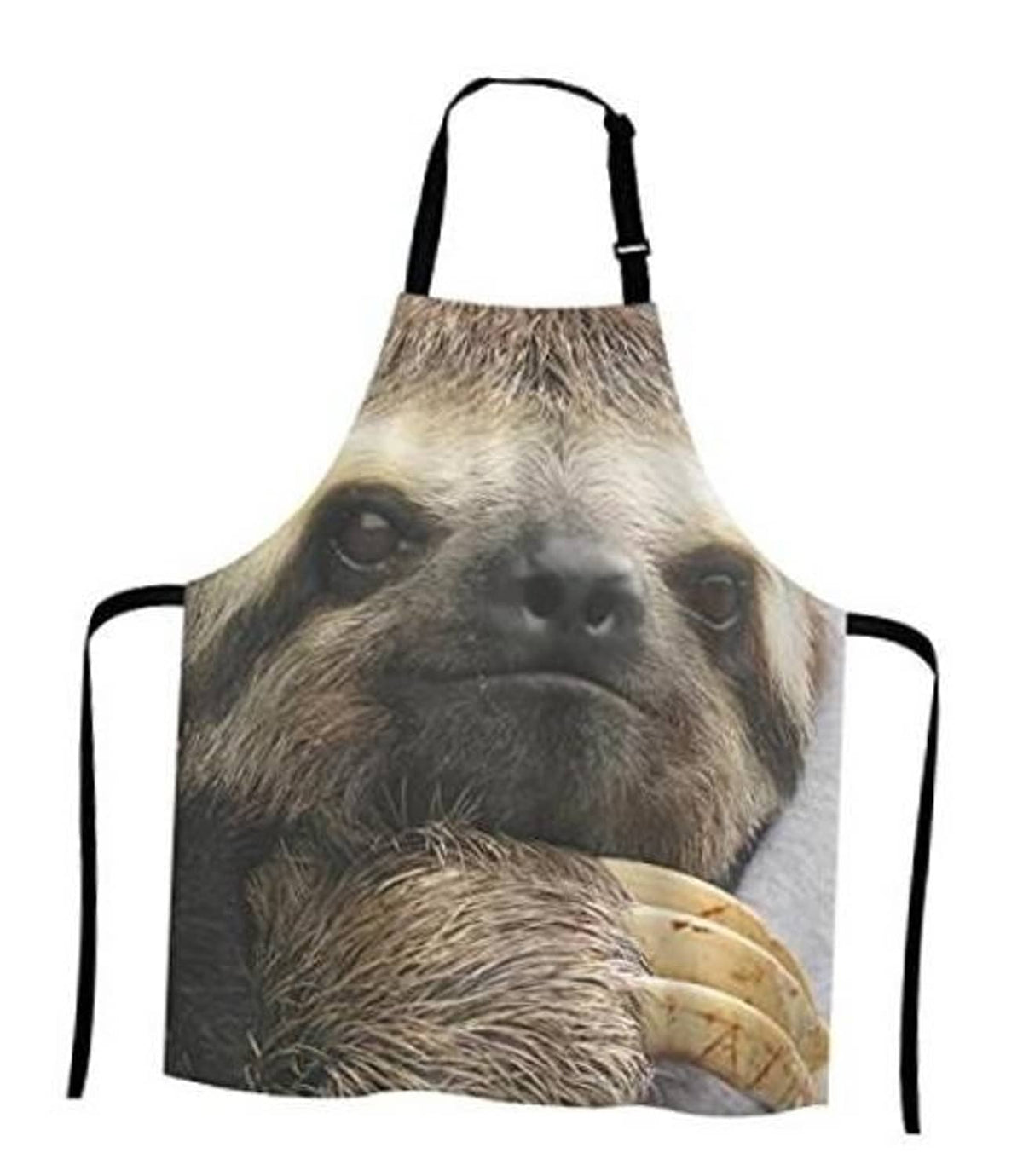 Sloth face print apron with black neck strap and side ties, full front bib