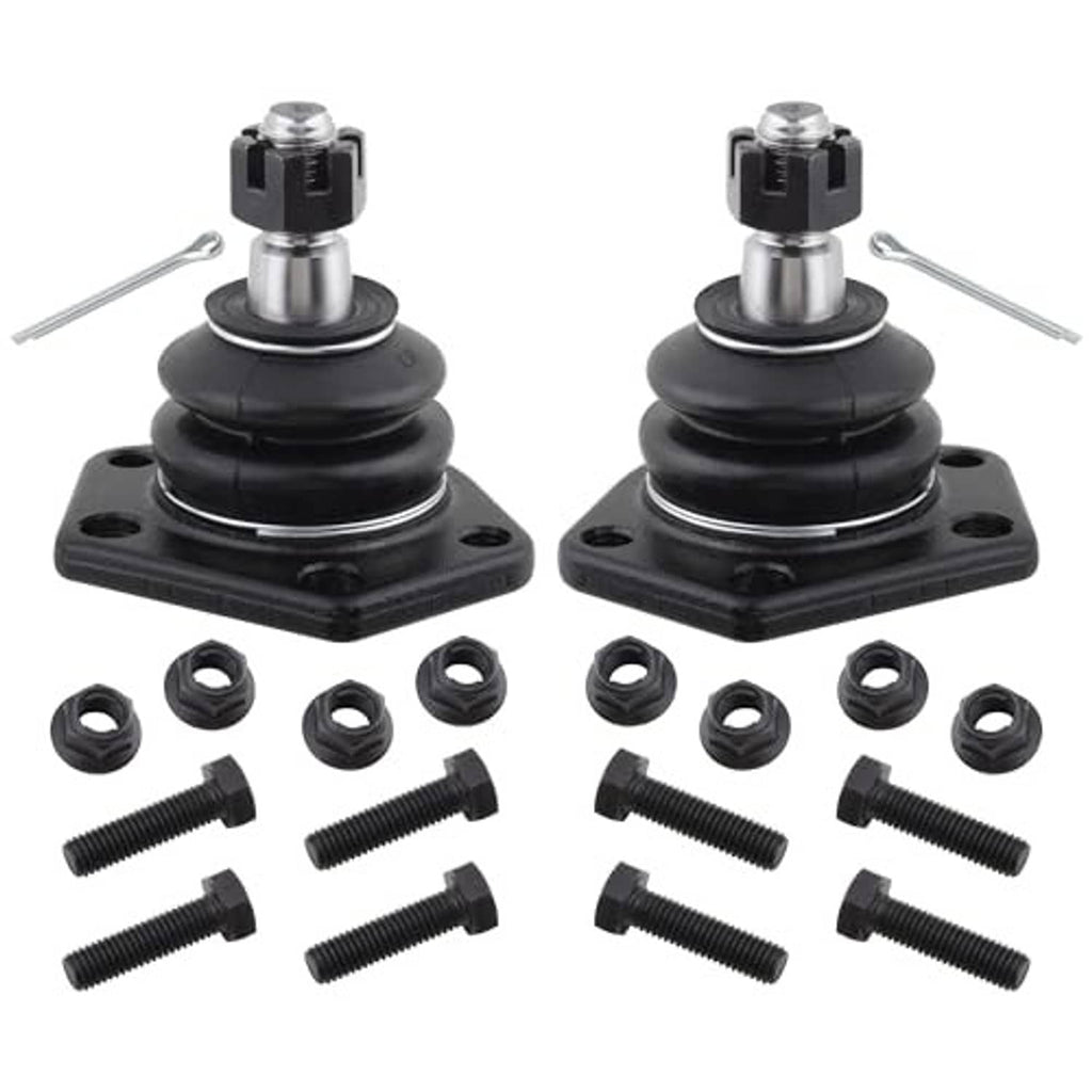 Front ball joints with black boots, silver studs, flanges, nuts, and bolts
