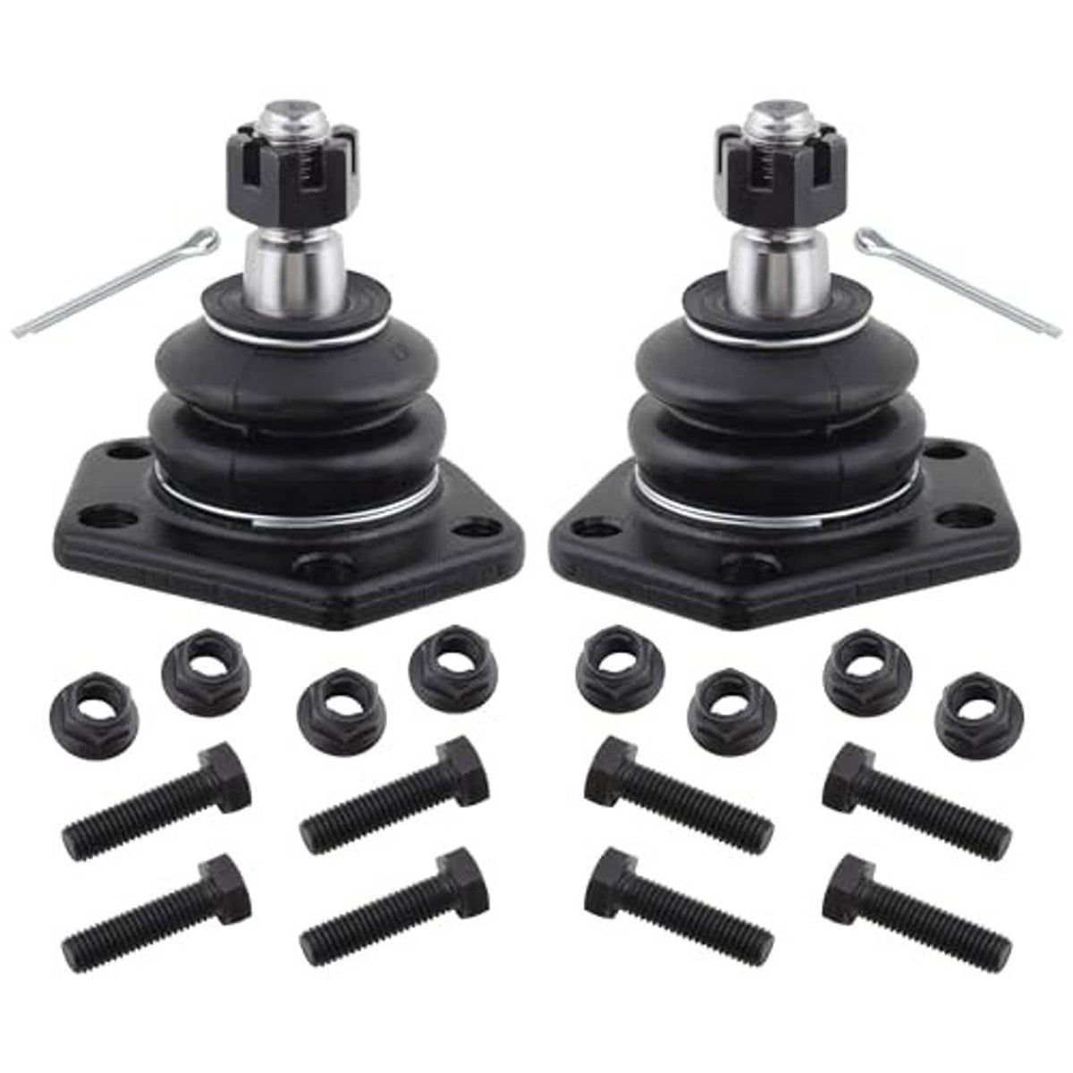 Front ball joints with black boots, silver studs, flanges, nuts, and bolts