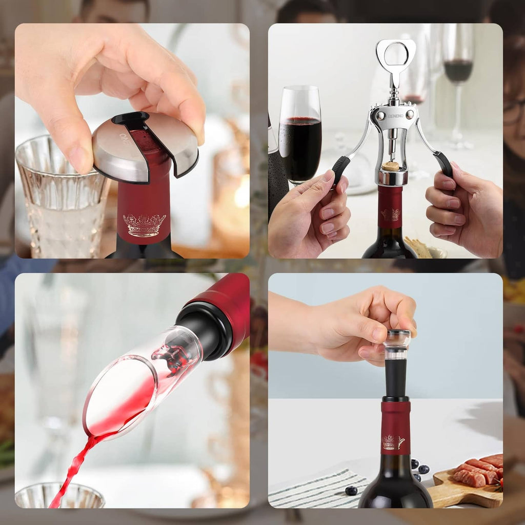 Wine pourer and corking tools shown with red wine bottle and handheld accessories