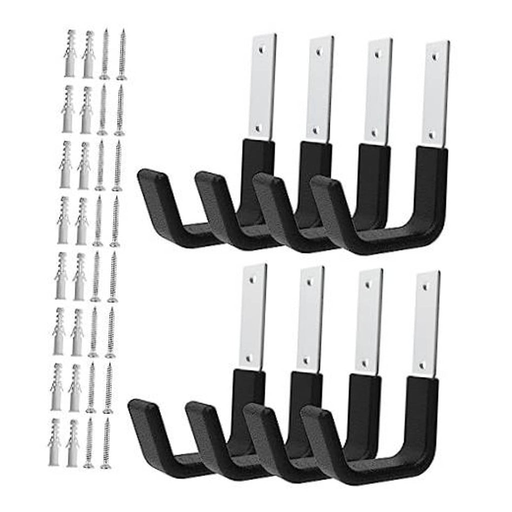 Set of 8 black PVC-coated U wall hooks with white mounting plates and screws