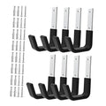 Set of 8 black PVC-coated U wall hooks with white mounting plates and screws