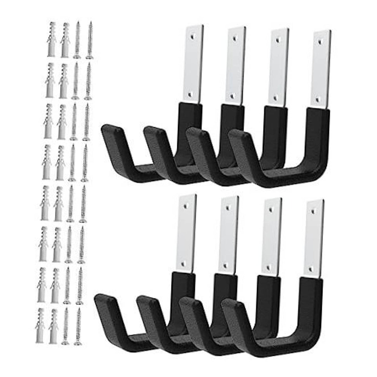 Set of 8 black PVC-coated U wall hooks with white mounting plates and screws