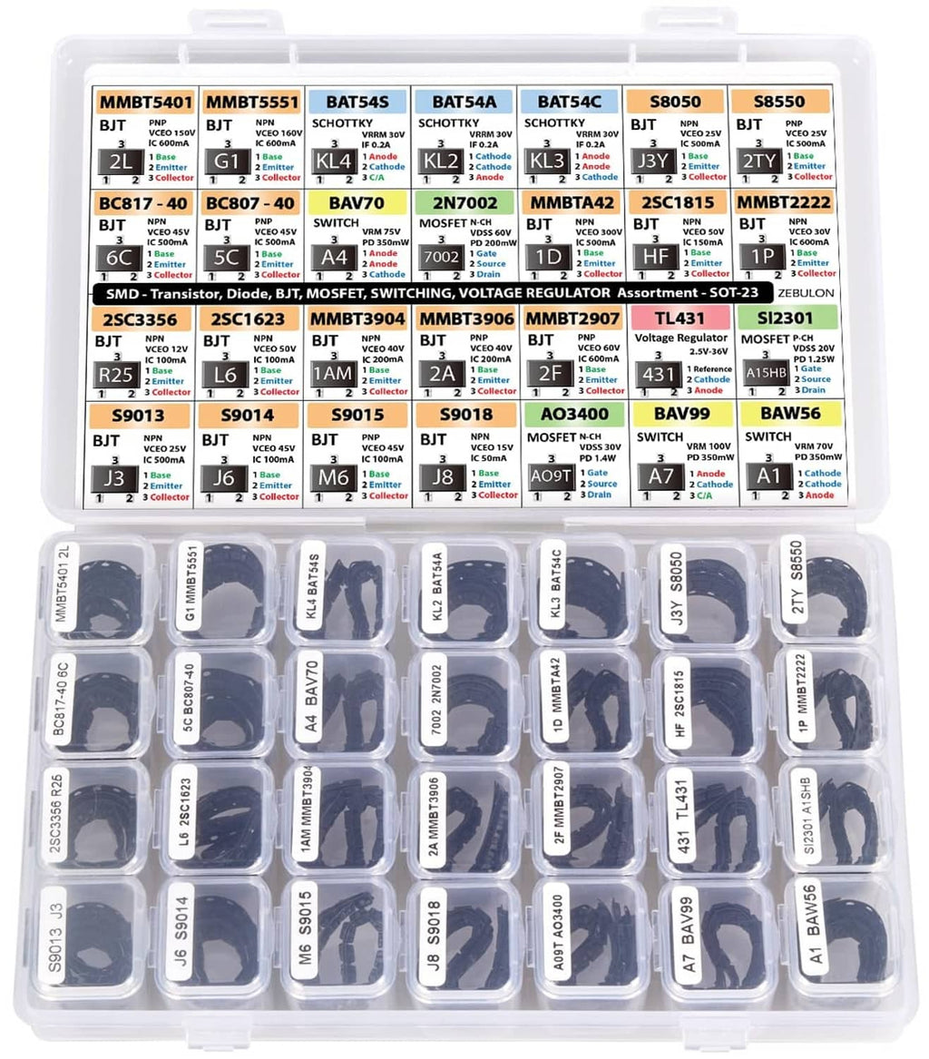 Electronic component assortment case showing rows of SMD transistor labels and parts