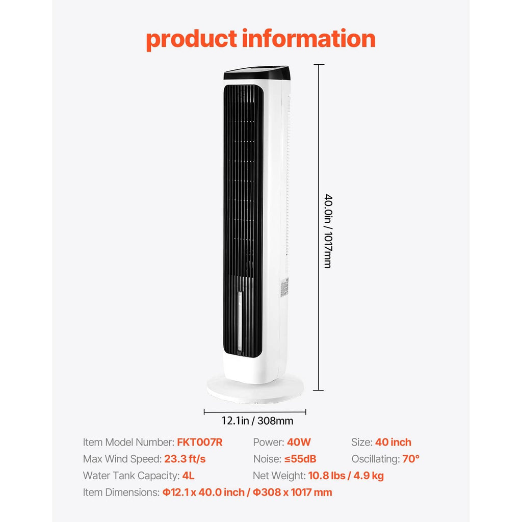 40-inch tower fan product diagram, white body and black vertical air intake grille