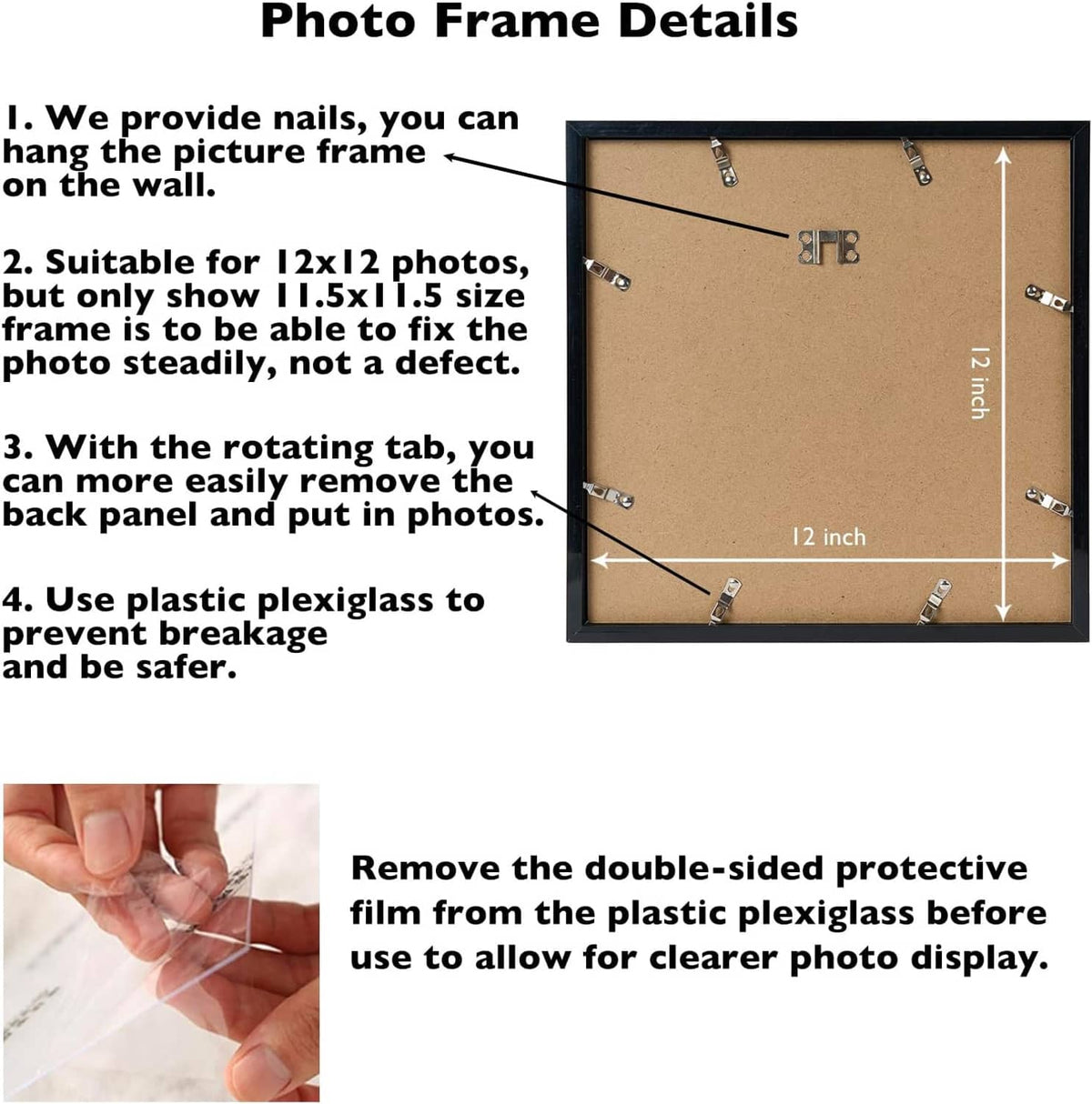 Photo frame back details: wooden backboard with corner hanging hardware