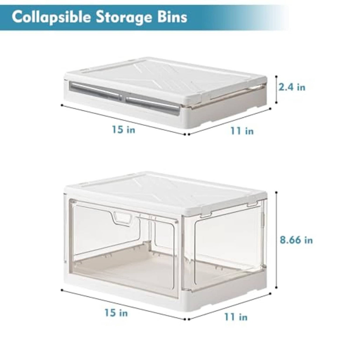 White collapsible storage bins with lids and side doors, size dimensions shown