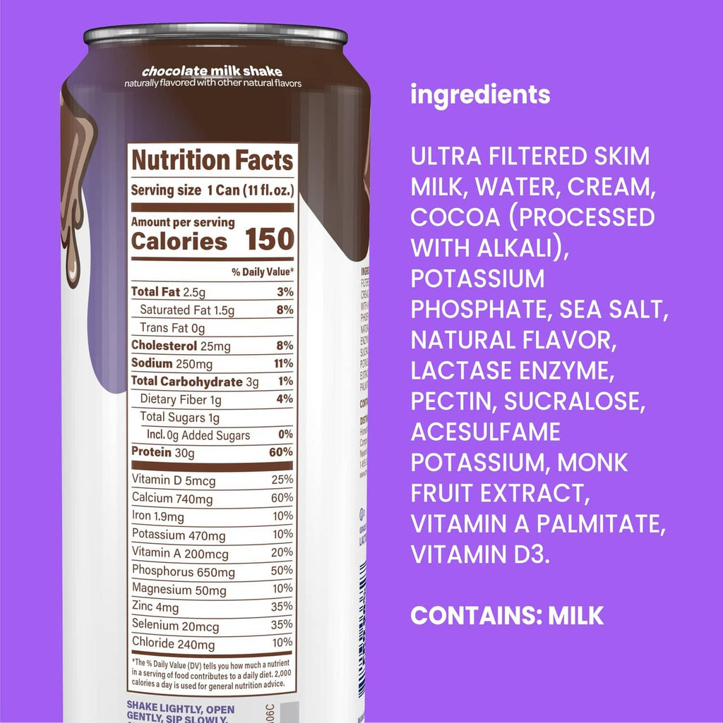 Chocolate milk shake can back panel with Nutrition Facts and ingredients list