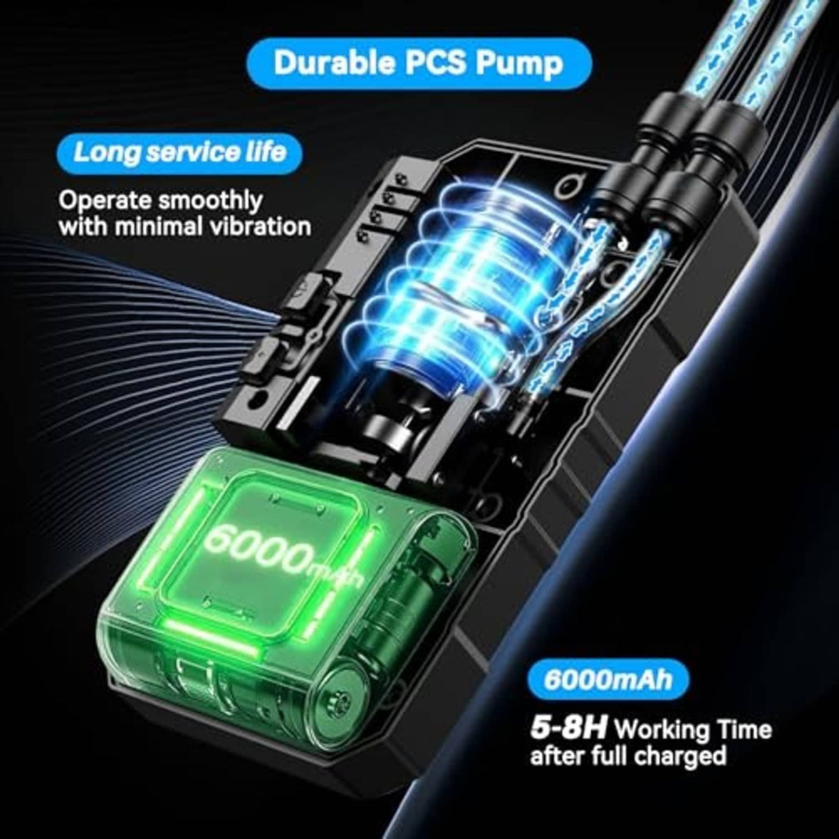 Portable misting system pump module with blue-lit motor and 6000mAh battery