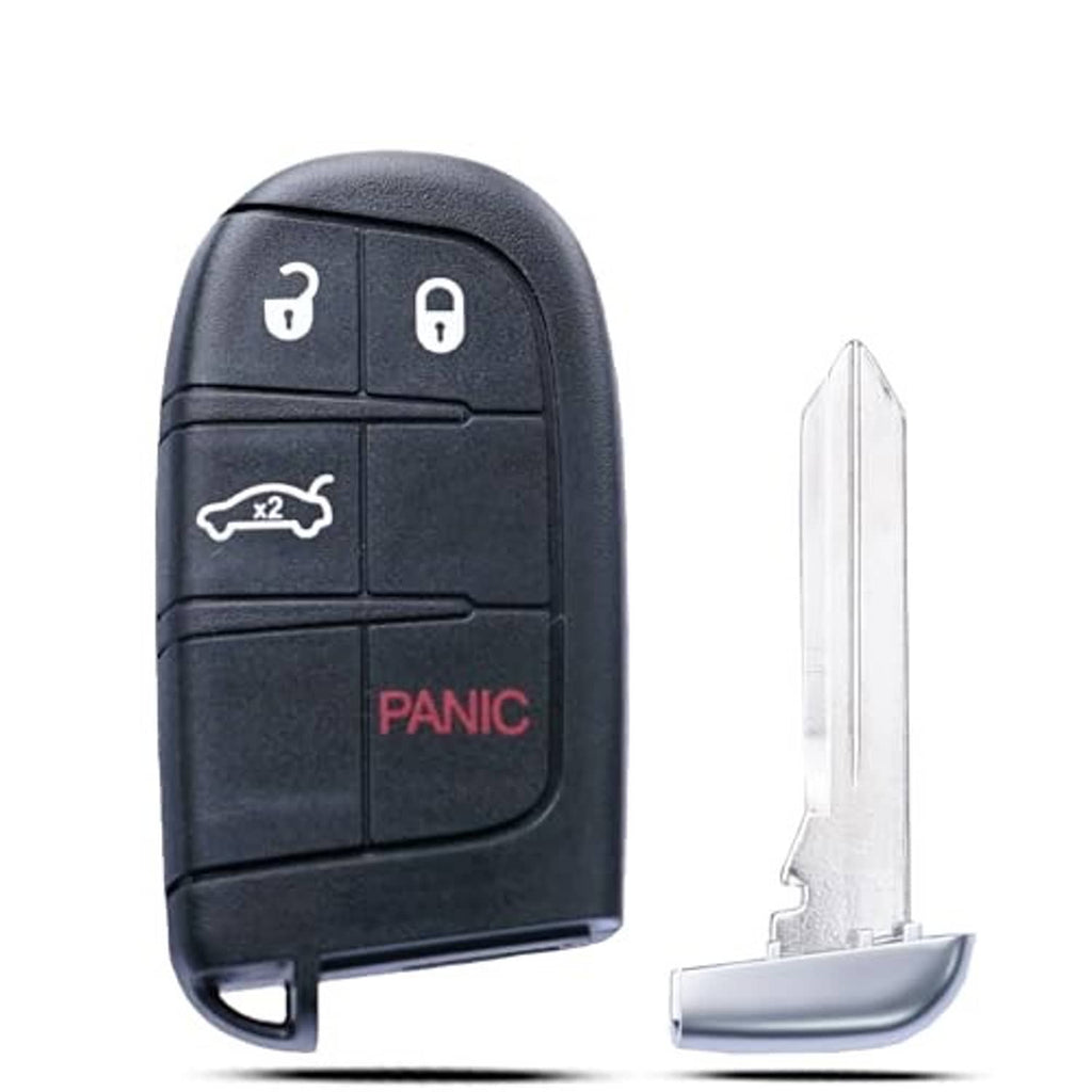 Black key fob with lock/unlock/trunk icons and red PANIC, with uncut key blade