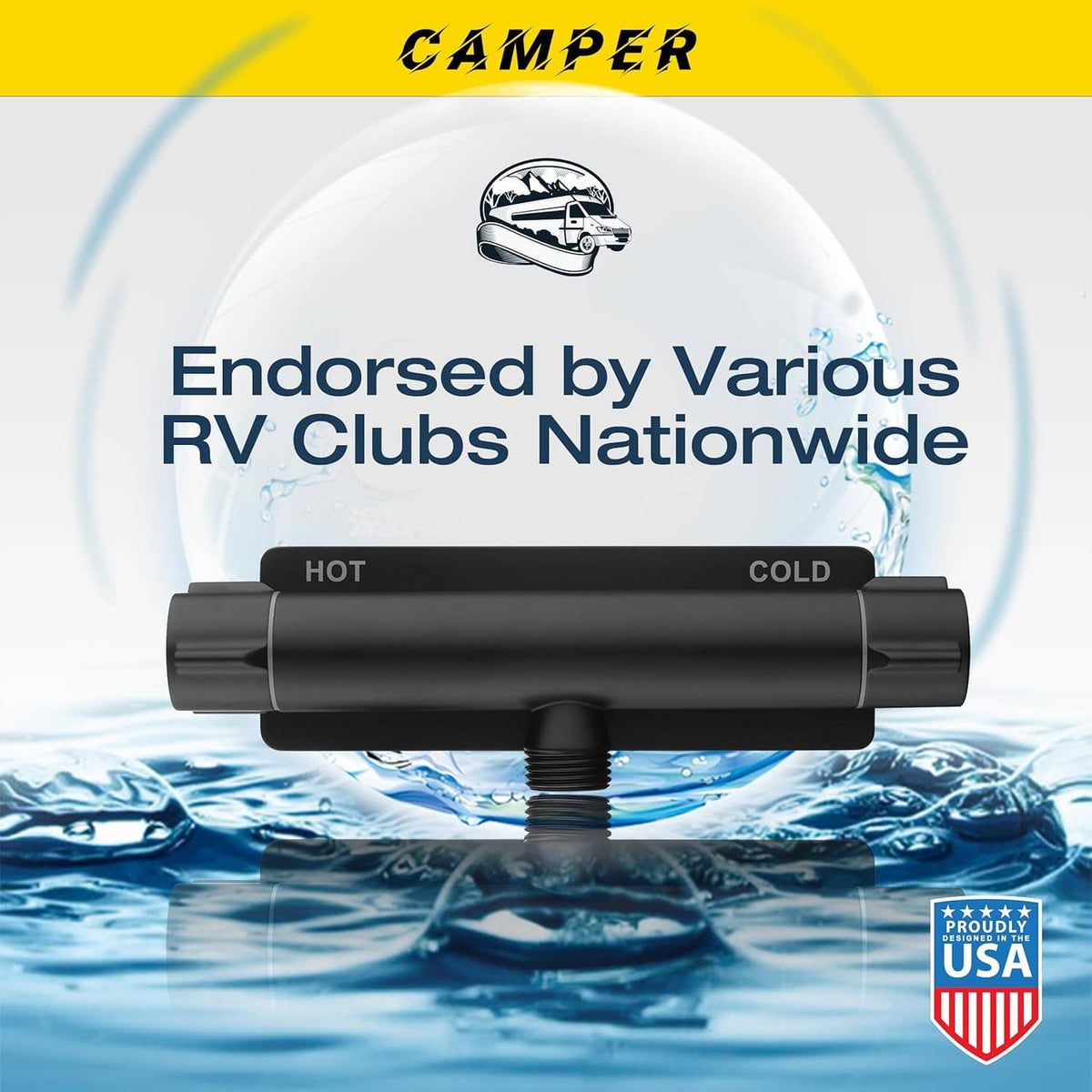 Matte black RV shower faucet valve with hot and cold labels, compact metal body
