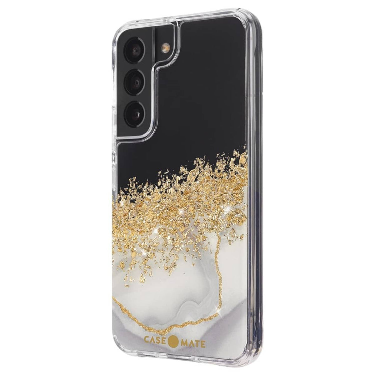 Transparent Karat marble phone case with gold speckled wave, camera openings, clear shell