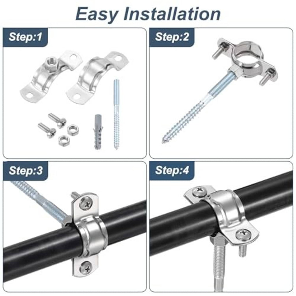 Adjustable pipe bracket clamp with hardware shown in four-step installation layout