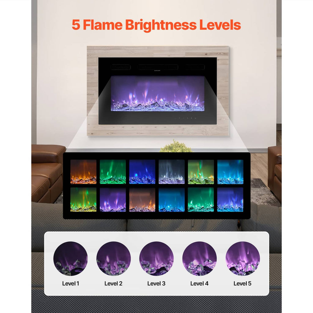 Wall-mounted electric fireplace displaying multiple flame brightness colors, glowing logs and crystals