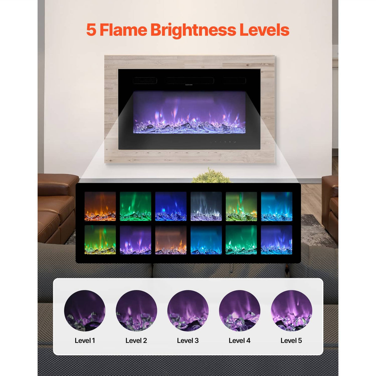 Wall-mounted electric fireplace displaying multiple flame brightness colors, glowing logs and crystals