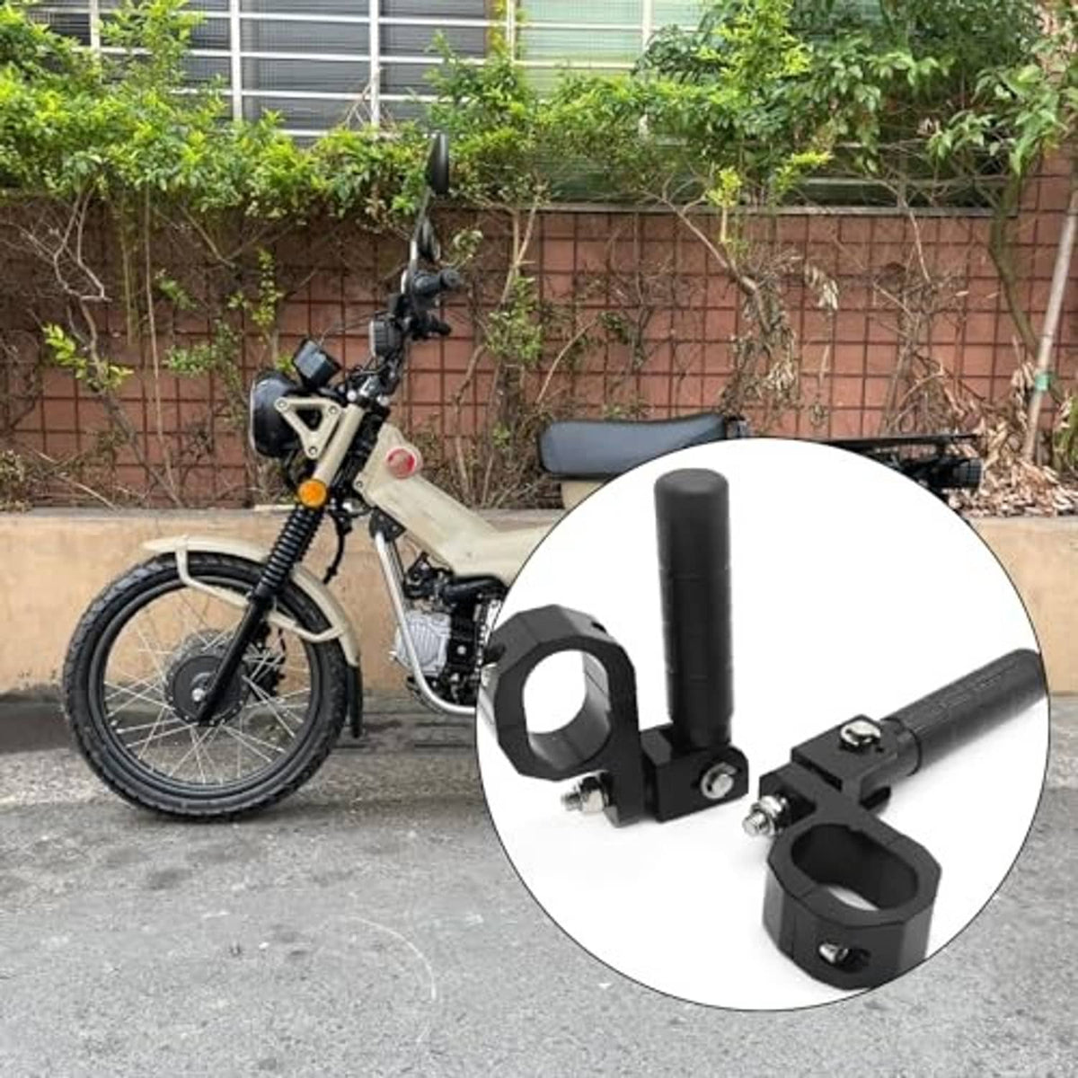 Black motorcycle rear passenger foot pegs with textured grips and clamp brackets
