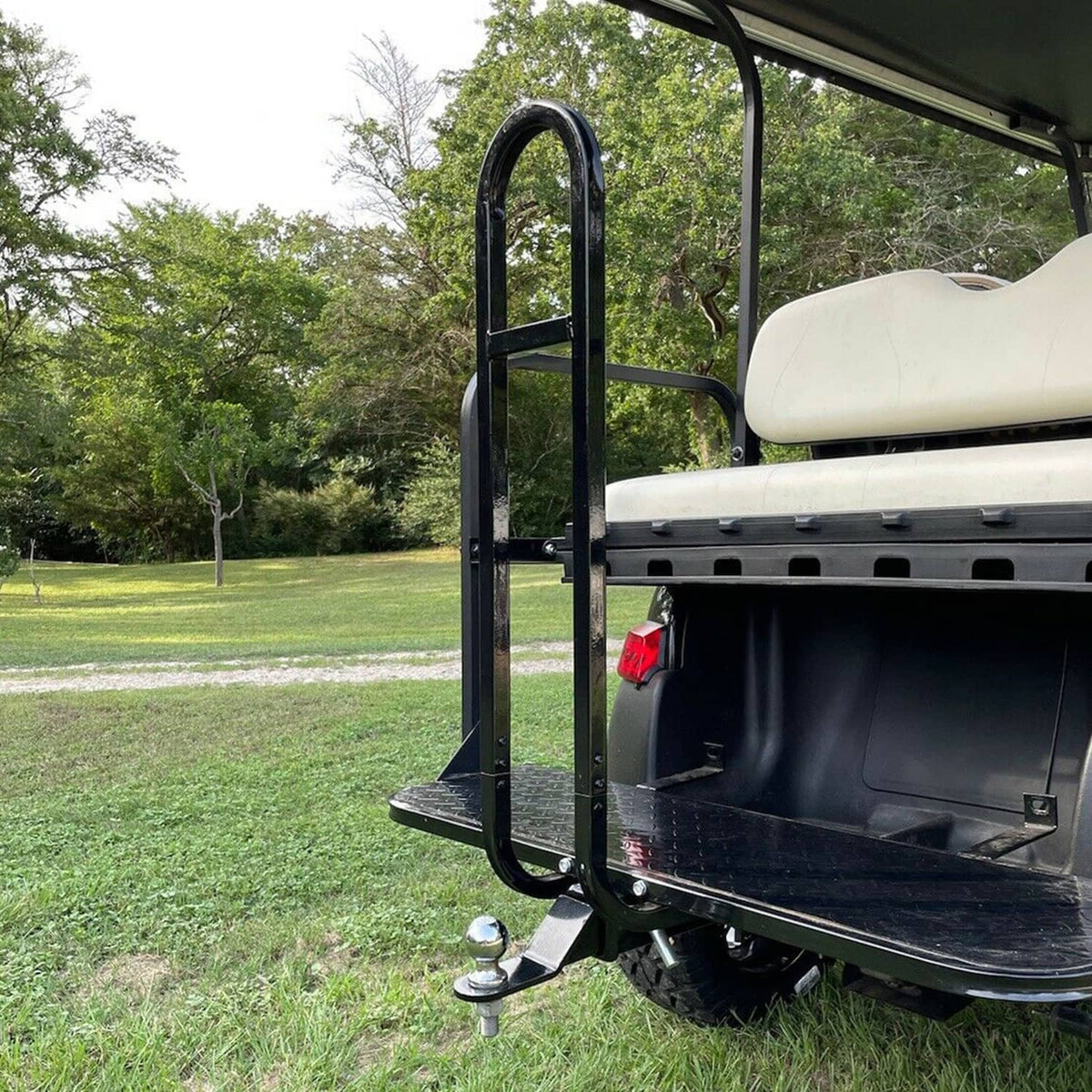 Golf cart rear safety grab bar with footrest step and mounting bracket