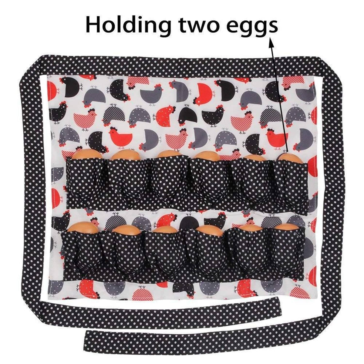 White and black dot-lined egg apron with chicken print pockets, holds eggs
